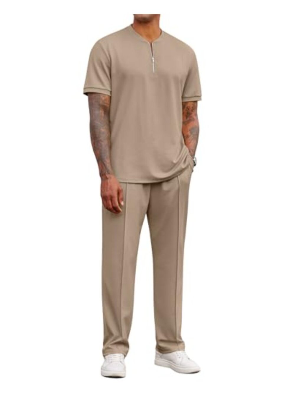 Men's 2 Piece Track Suit Quarter Zip Short Sleeve Tee & Jogger Pants Athletic